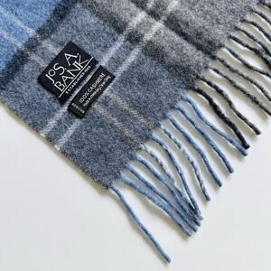 Jos A Bank 100% Cashmere Neck Scarf Blue & Gray Plaid Fringed 58"x12"